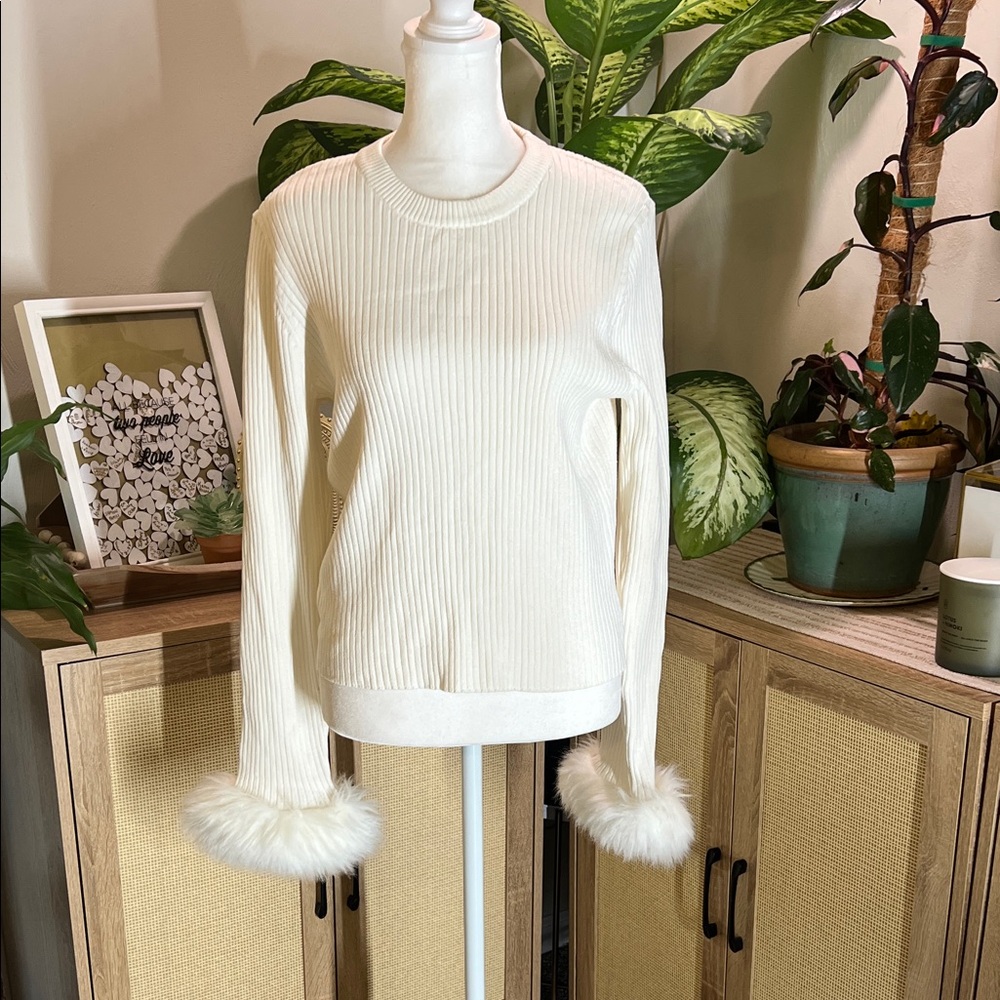 Show Me Your MUMU Cream Ribbed Sweater with Faux Fur Cuffs